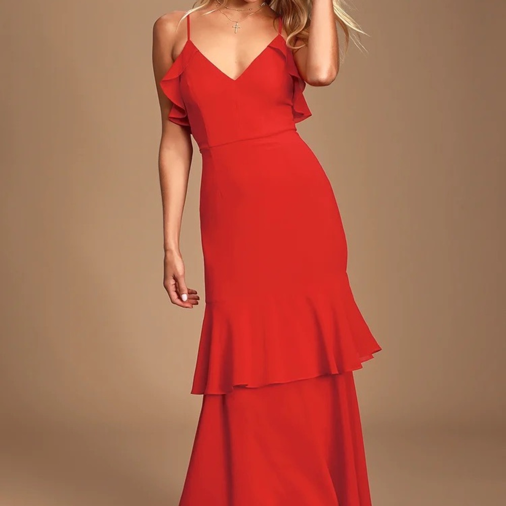 Lulu’s Cherish the Moment Red Ruffled High-Low Maxi Dress